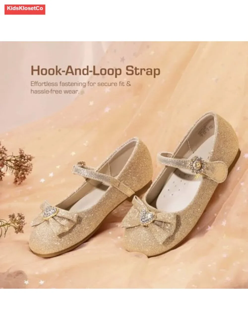 Girls Mary Jane Bow Ballet Flats with Rhinestone Front Bow Glitter Finish Hook